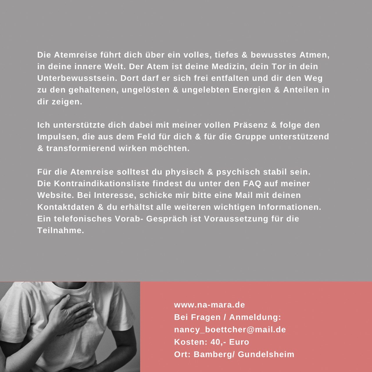 Flyer Breathwork Verbundener Atem: Beschreibung, Kosten 40 Euro, Anmeldung und Ort Bamberg Gundelsheim